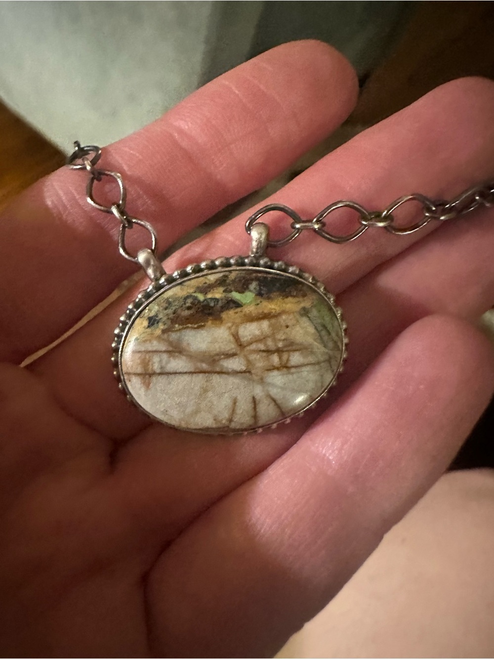 Native Made Boulder Turquoise bar necklace on an adjustable rollo chain